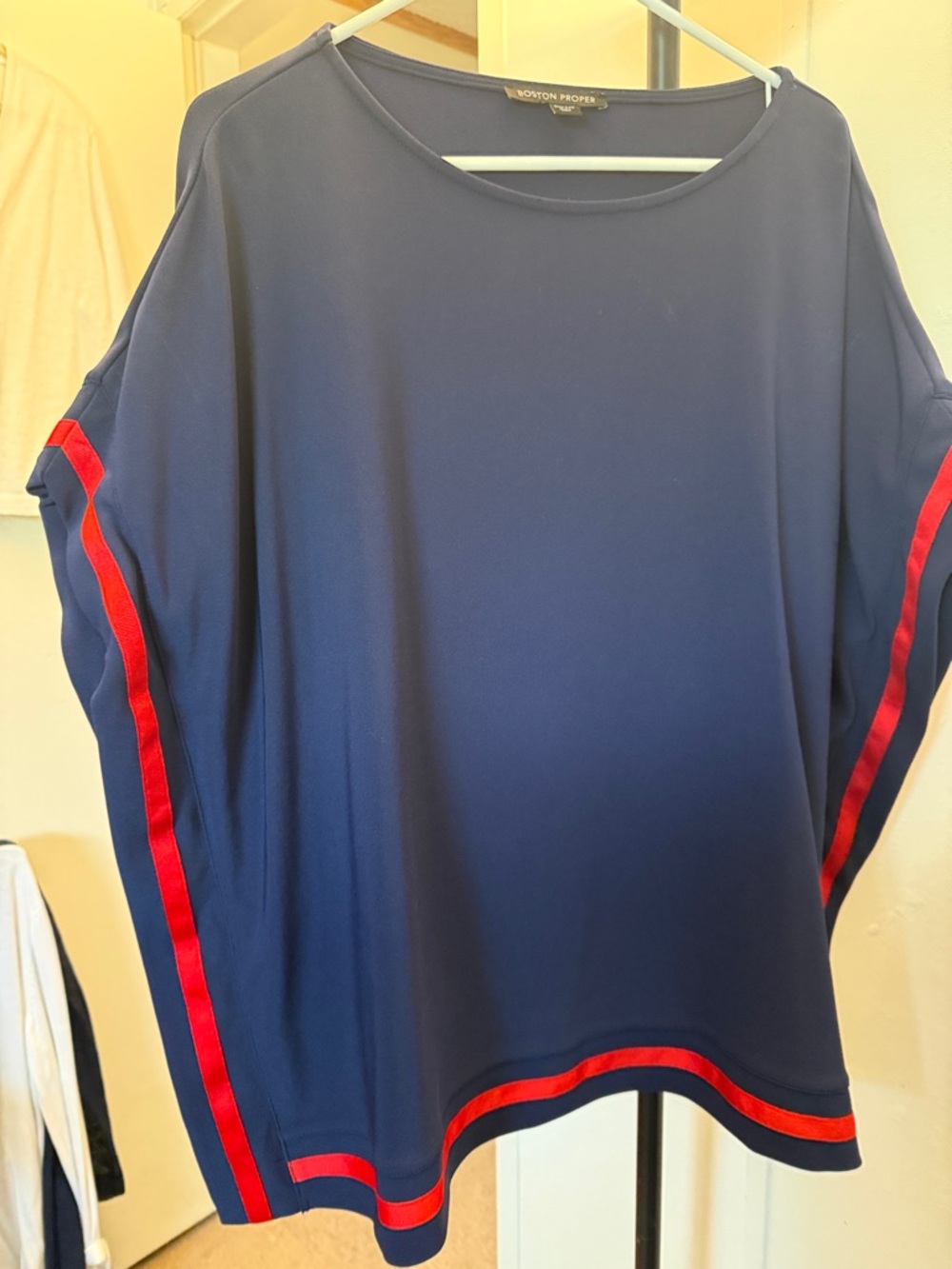 Boston Proper Beyond Travel Navy Poncho Top with Red Stripe Accents